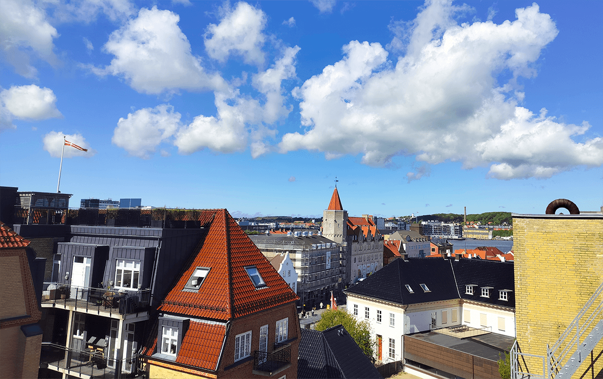 Udsigt over Aalborg centrum med byens tage og Limfjorden i baggrunden